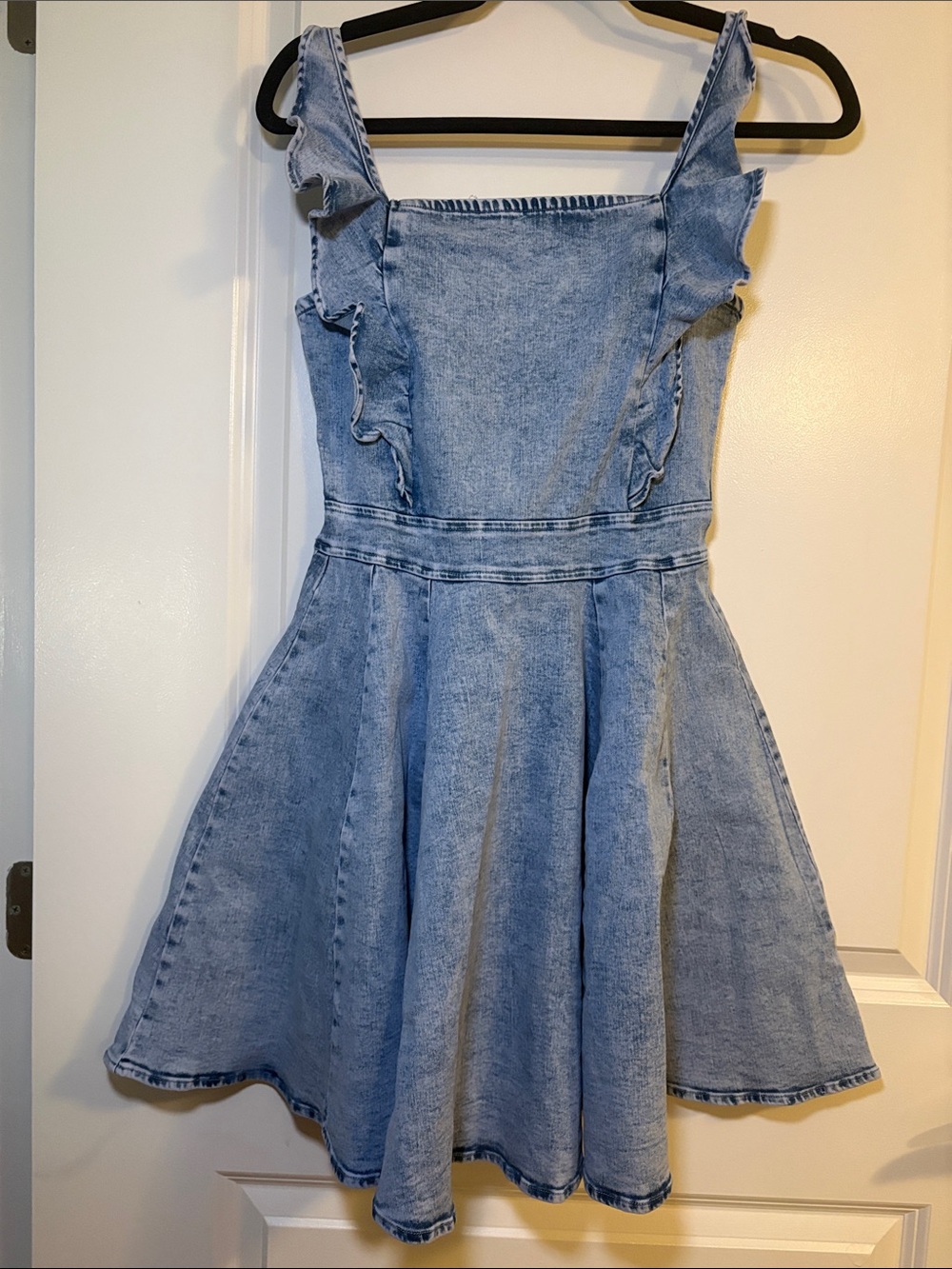 Light Blue Denim Mini Dress with Ruffle Straps